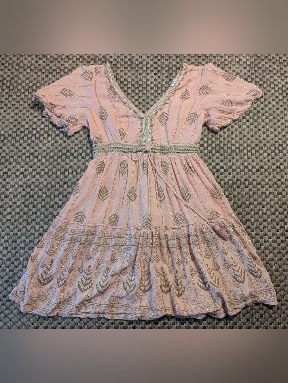 Ananta Pink Gold Embroidered Boho Flutter Sleeve Tassel Mini Dress size S/M